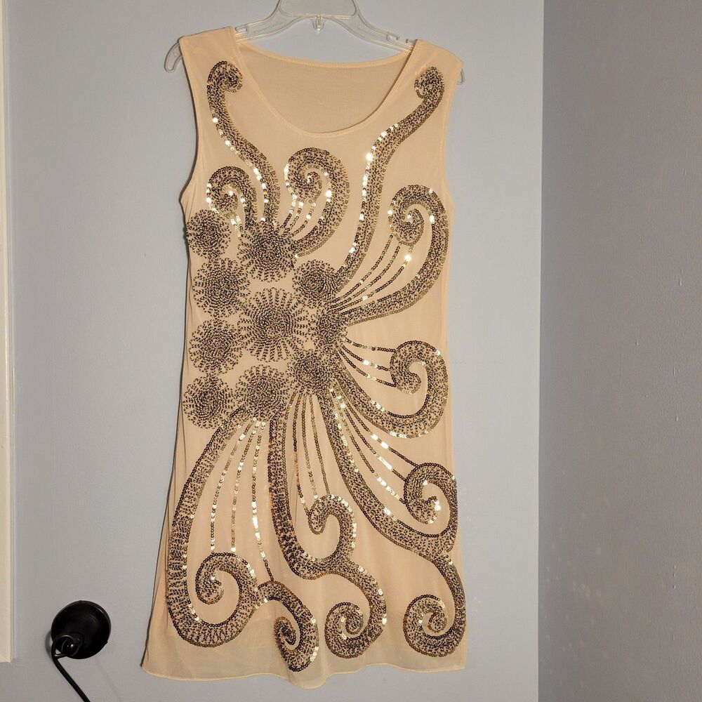 Womens Golden Sequin & Embroidered Shift Mesh Dress w/Lining Size Medium